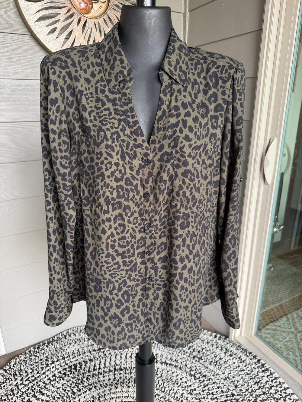 Express Portofino Olive and Black Leopard-Print Button Down Blouse M